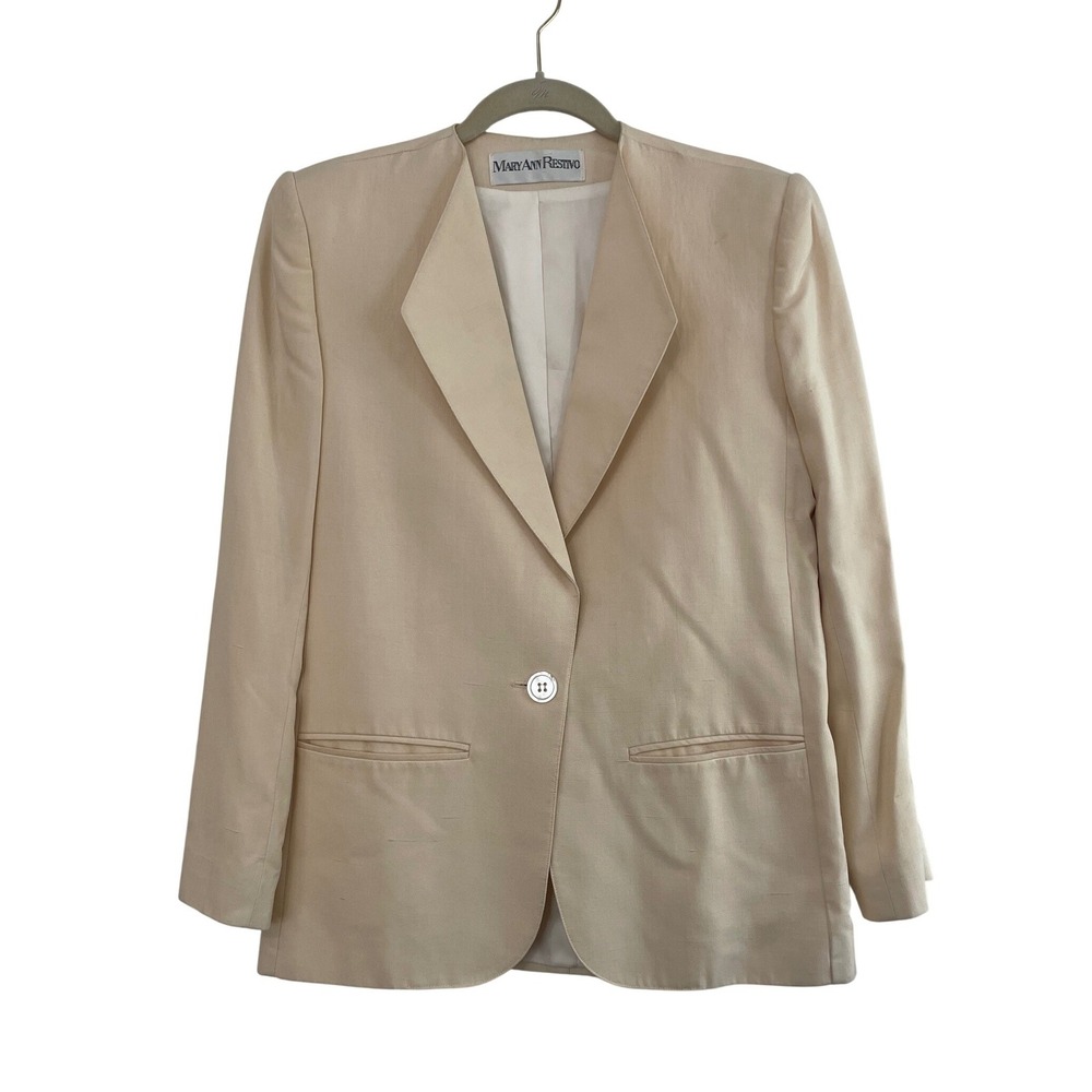 Mary Ann Restivo Vintage 100% Silk Blazer Cream Single Button Jacket Mens Size 8
